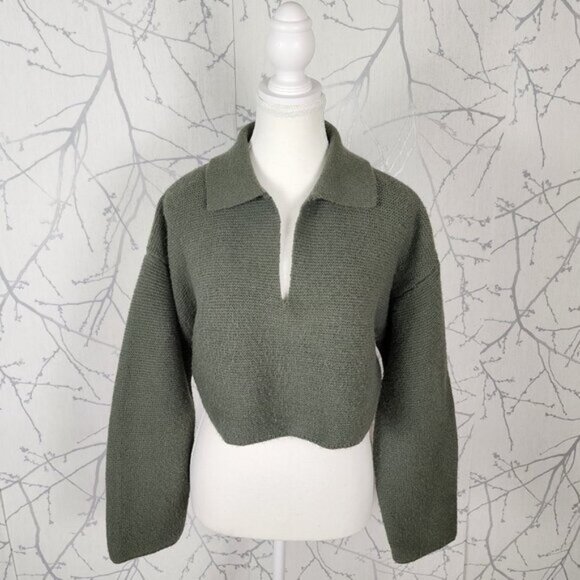 OAK + FORT Sweaters - Oak & Fort Green Chunky Knit Collared V-Neck Oversized Cropped Sweater